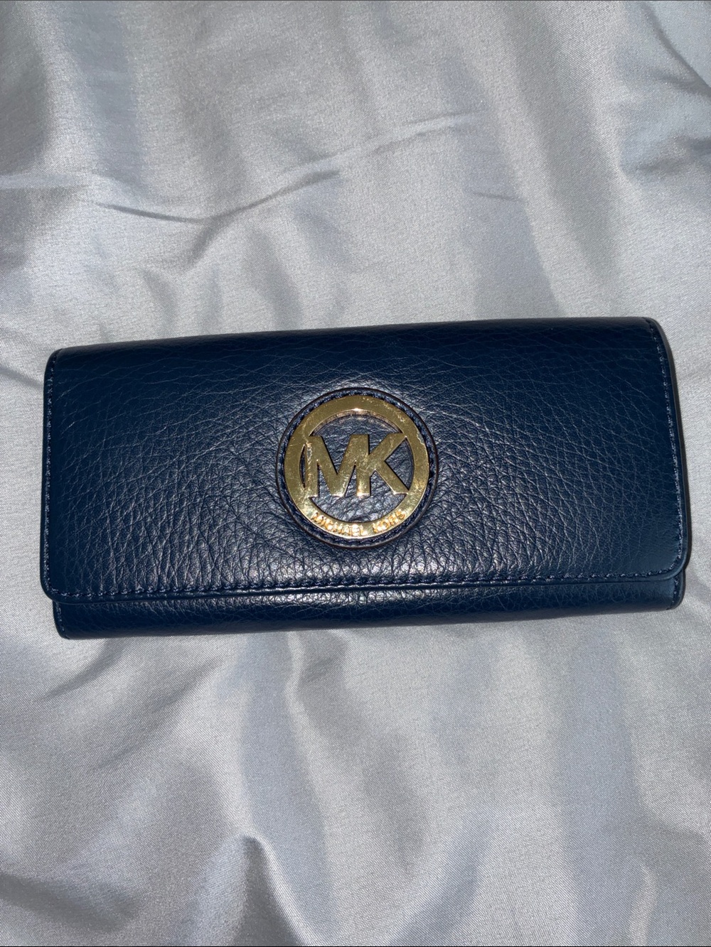 Michael Kors Dark Navy Leather Continental Wallet with Gold MK Emblem